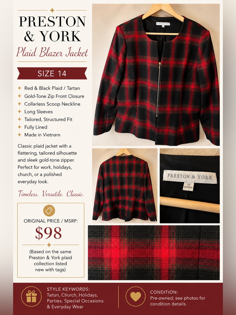 Preston & York Red Black Plaid Zip Front Blazer Jacket Size 14
